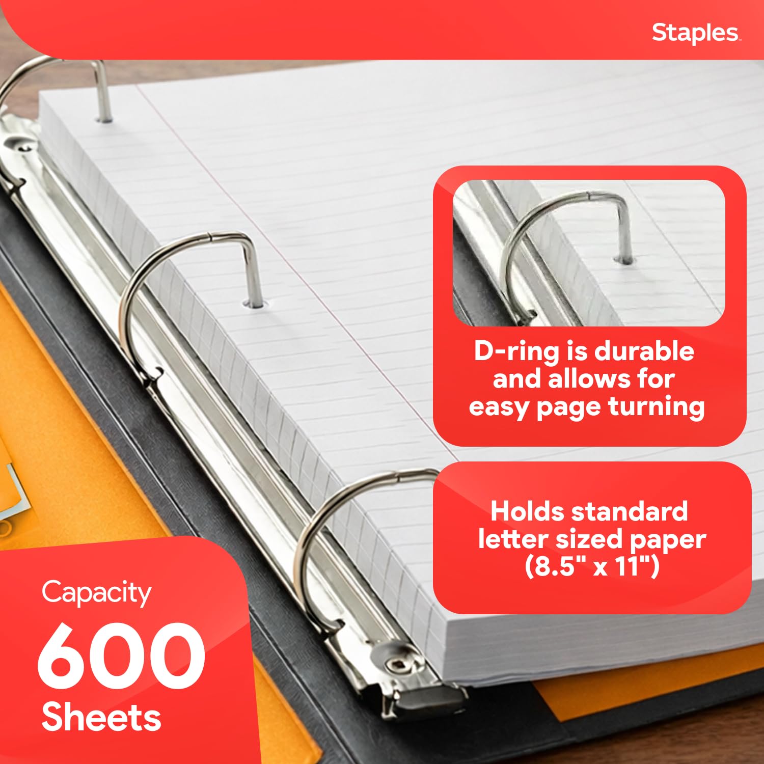 Staples 3 Inch D-Ring Heavy-Duty View Binder, Orange, Holds 600 Sheets