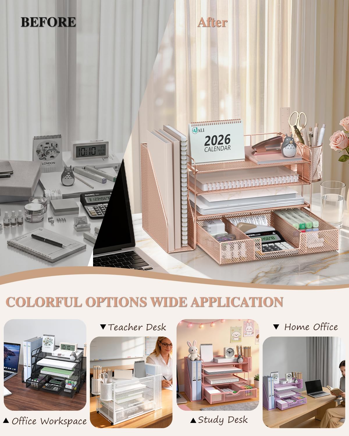 WALI Desk File Organizer, 4 Tier Desktop Paper Letter Tray Organizer with Drawer and 2 Pen Holders