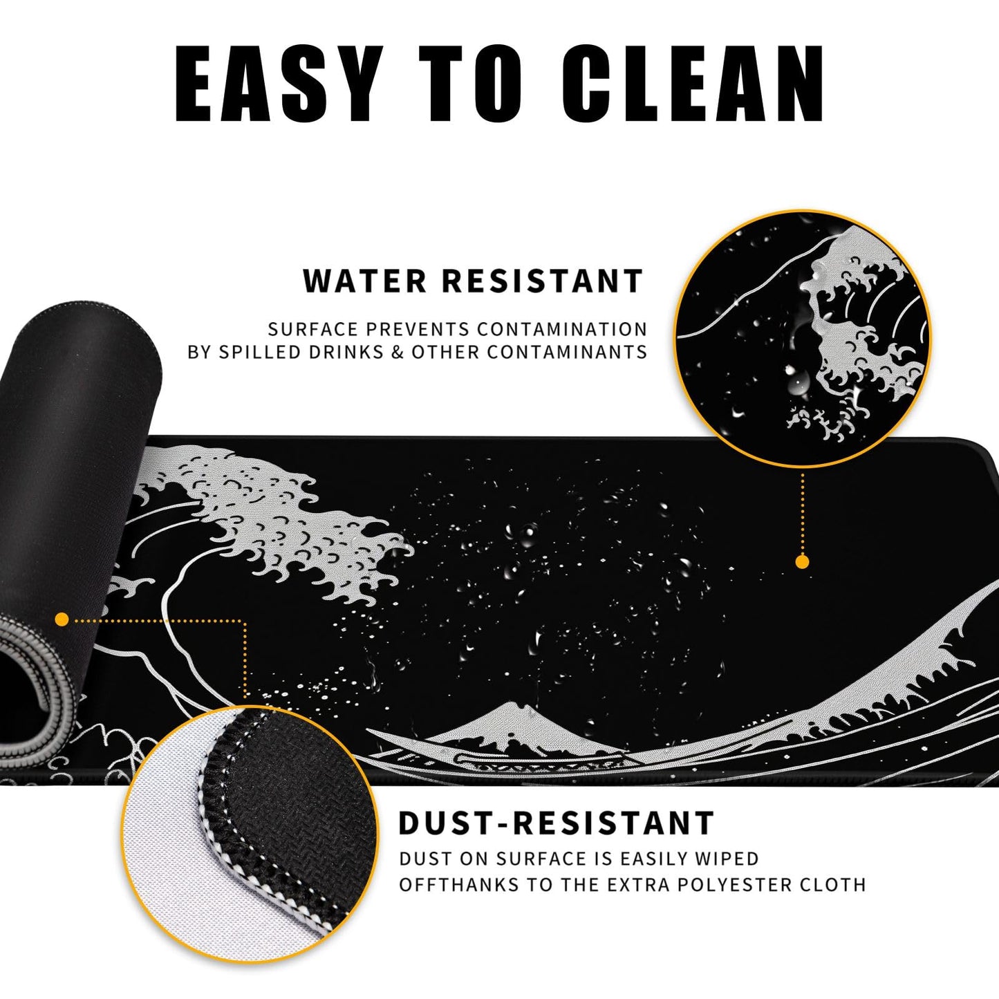 Japanese Sea Wave Gaming Mouse Pad Kanagawa Black Desk Mat Kawaii Mousepad Mouse Pad, Extra Large
