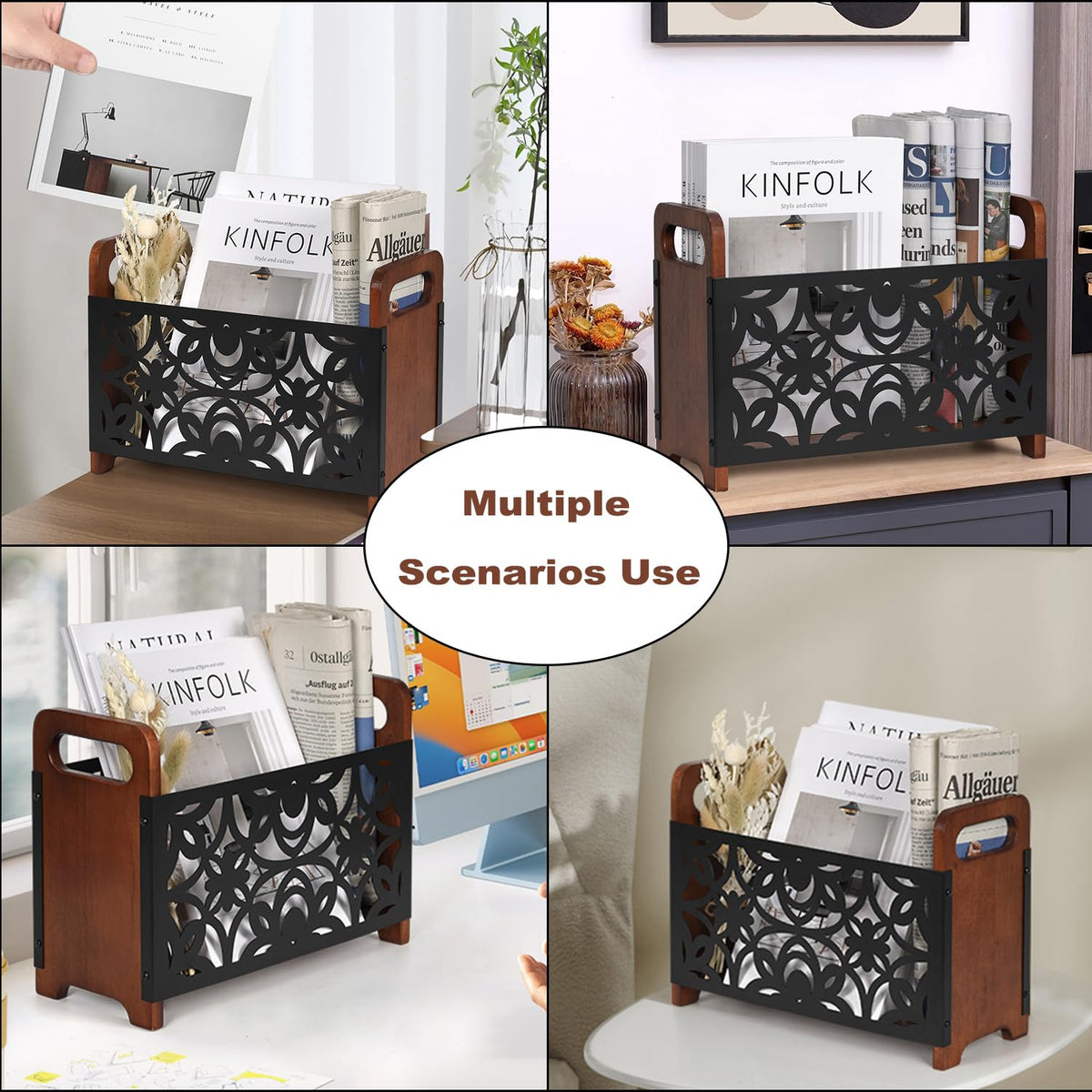 QILICHZ Magazine Holder,Oak Wood Magazine Rack Floor,Lotus Pattern