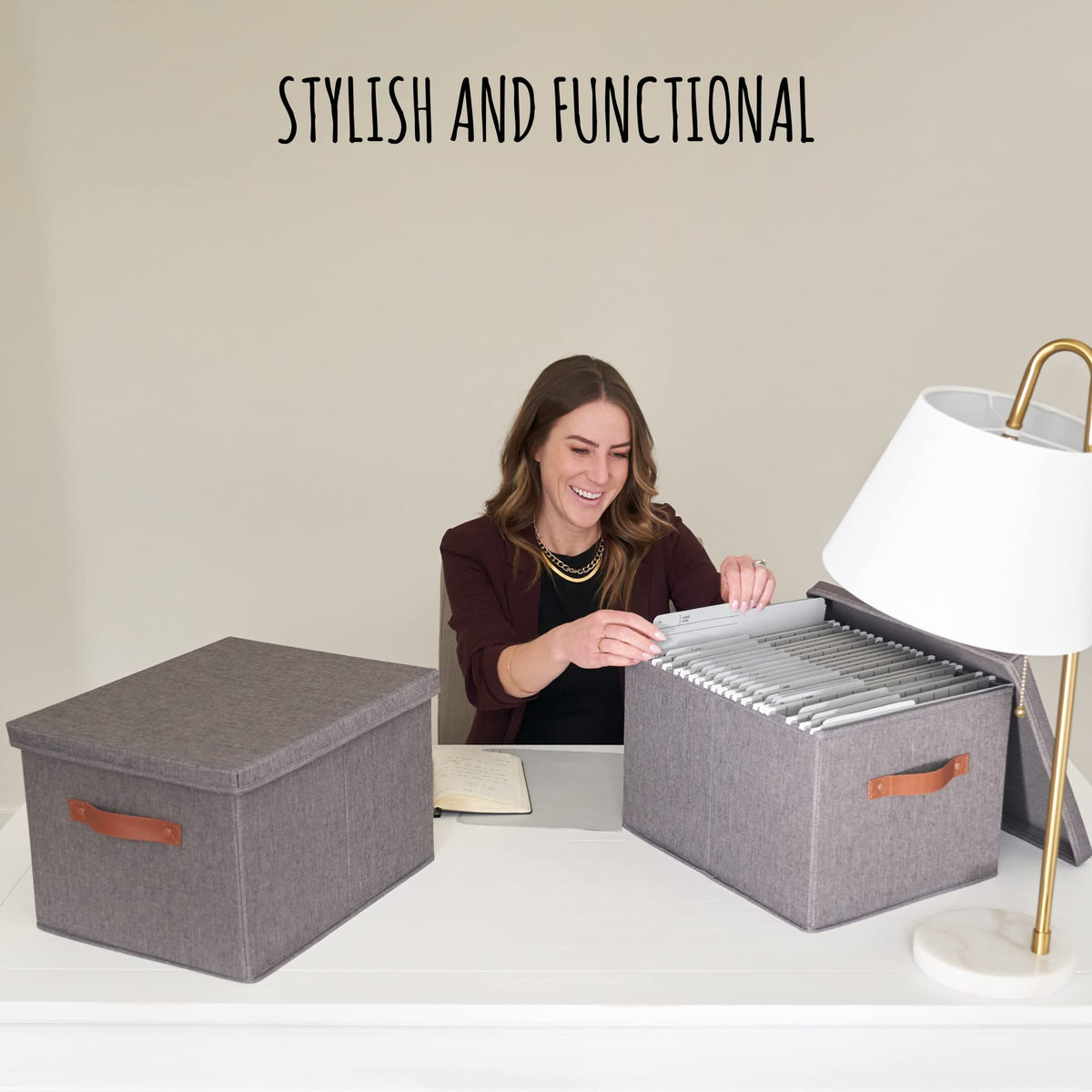 Decorative File Organizer Box Set of 2 - Collapsible Linen Filing Cabinets