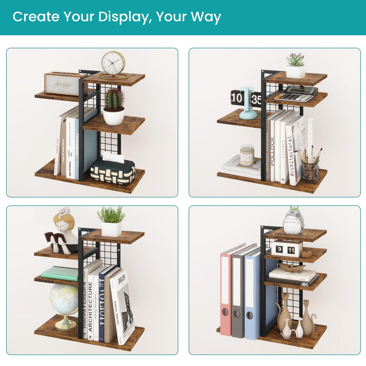 ELITEROO Desktop Shelf Organizer, 4-Tier Wooden Desk Bookshelf, Small Tabletop Book Shelf