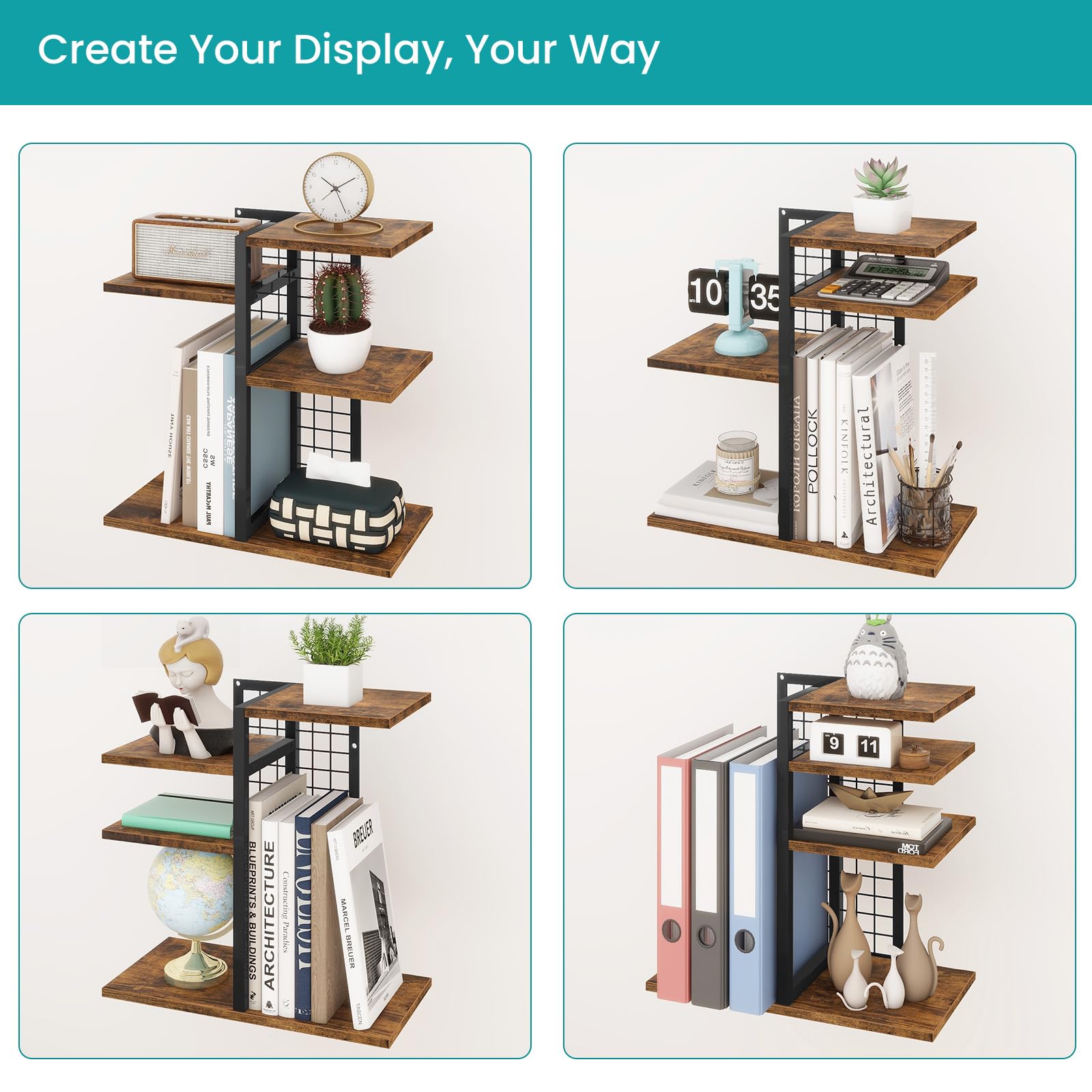 ELITEROO Desktop Shelf Organizer, 4-Tier Wooden Desk Bookshelf, Small Tabletop Book Shelf
