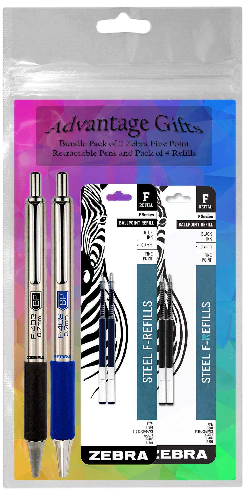 Zebra F-402 Ballpoint Stainless Steel Retractable Pens With Refills, Fine Point, 0.7mm, Black/Blue