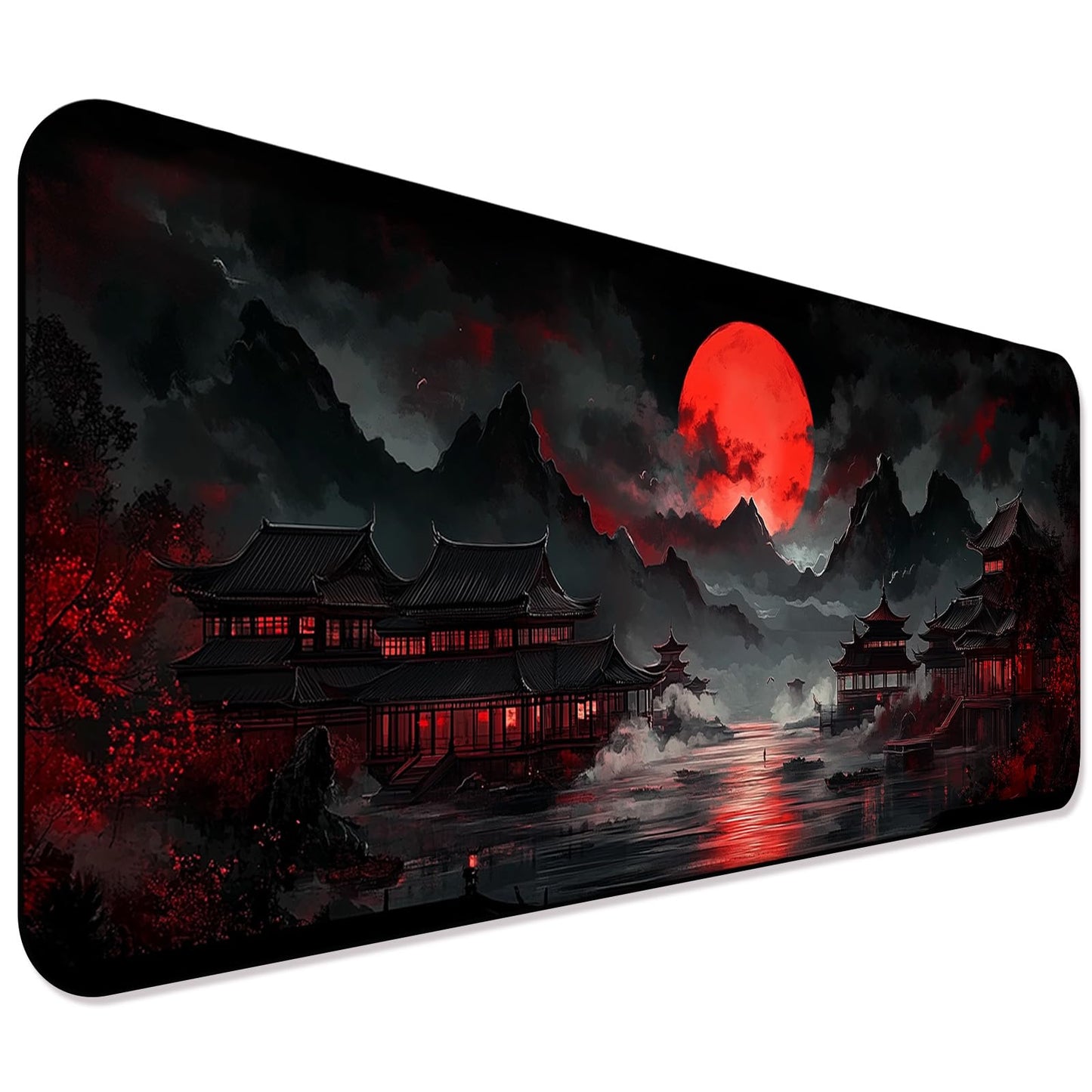 JIANG100 Moonlit Japanese Lake Scene Gaming Desk Mat, XL Extended Mouse Pad