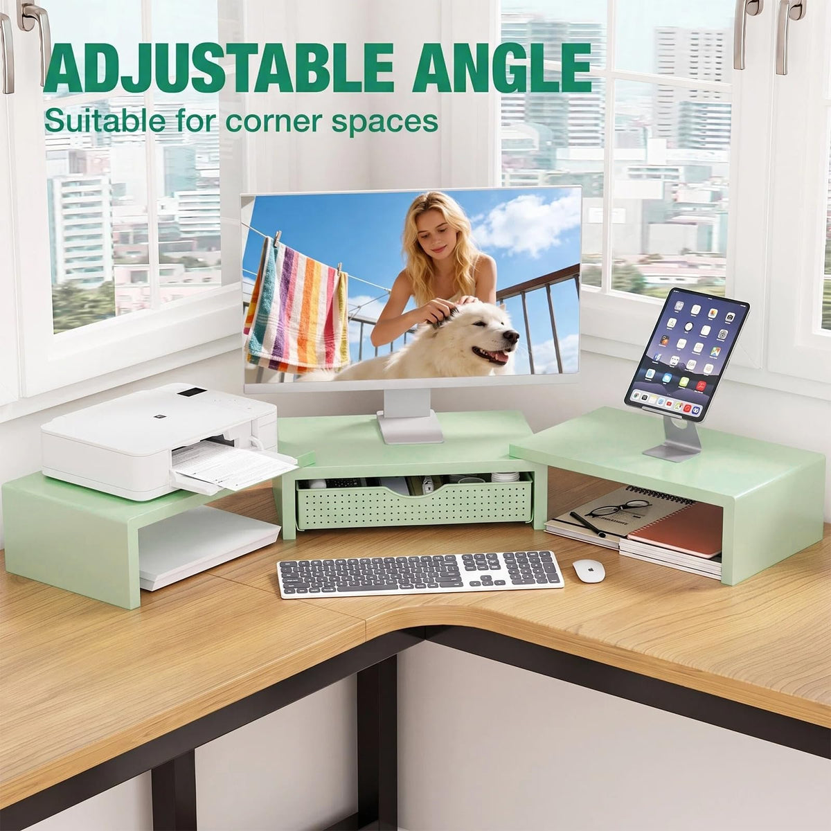 OPNICE Dual Computer Monitor Stand Riser, Desk Organizer with Drawer, Office Desk Accessories &