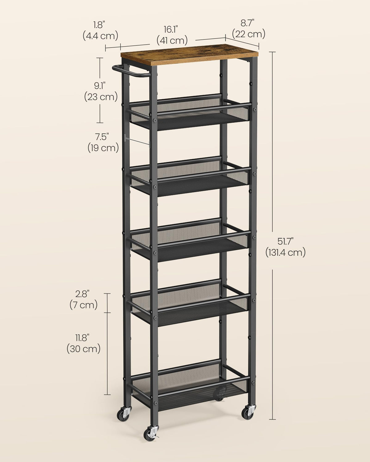 VASAGLE 6-Tier Slim Rolling Storage cart with Wheels, Metal