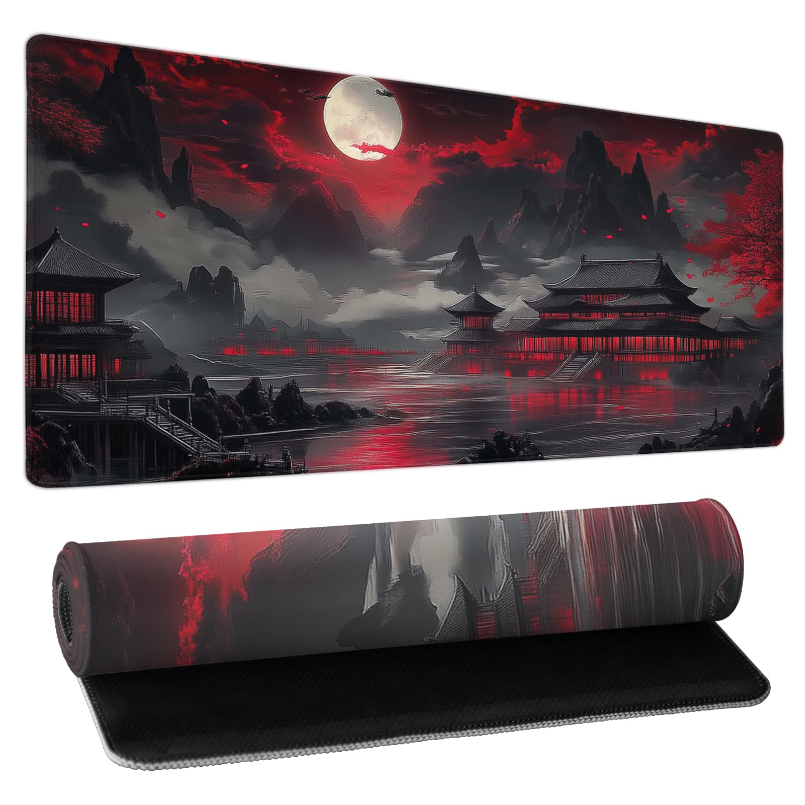 Riverside Full Moon Desk Mat Japanese Desk Pad Black Red Large Mouse Pad Gaming Mousepad