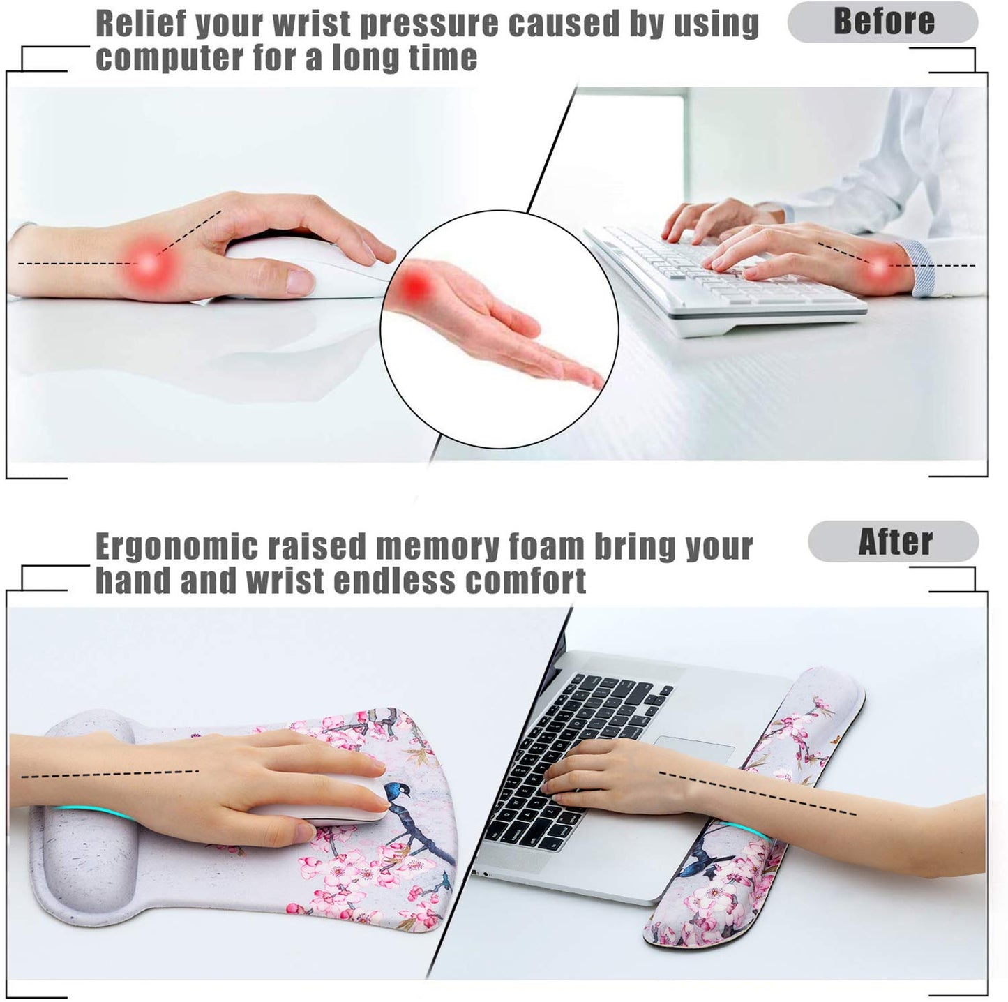 Ergonomic Keyboard Mouse Pad Set with Wrist Rest Support, Memory Foam Hand Rest Wrist Cushion Set