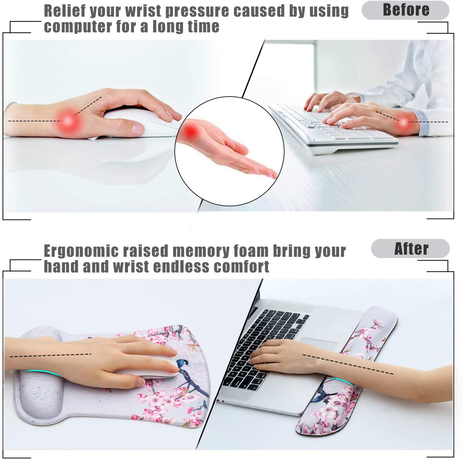 Ergonomic Keyboard Mouse Pad Set with Wrist Rest Support, Memory Foam Hand Rest Wrist Cushion Set