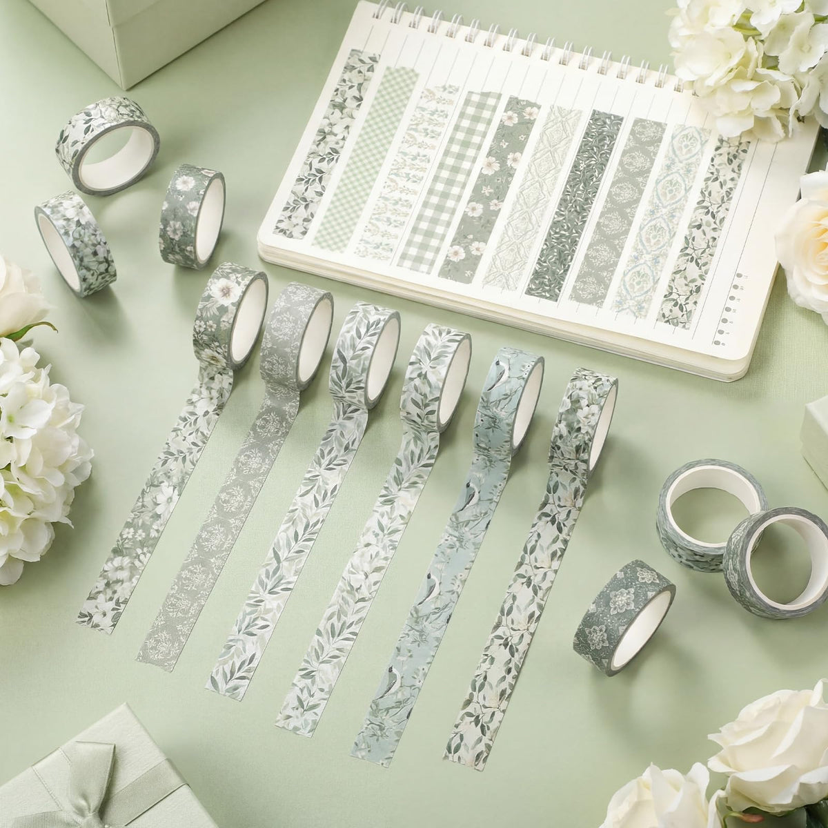 YooNotee 12 Rolls Floral Washi Tape Set,Sage Green,Greenery