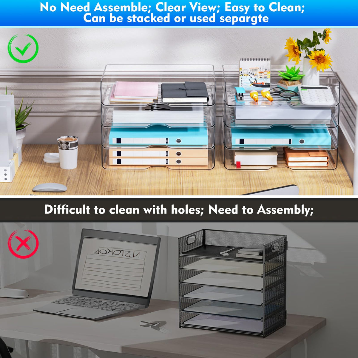 Paper Organizer Letter Tray, 4-Pack Acrylic File Organizer, Clear