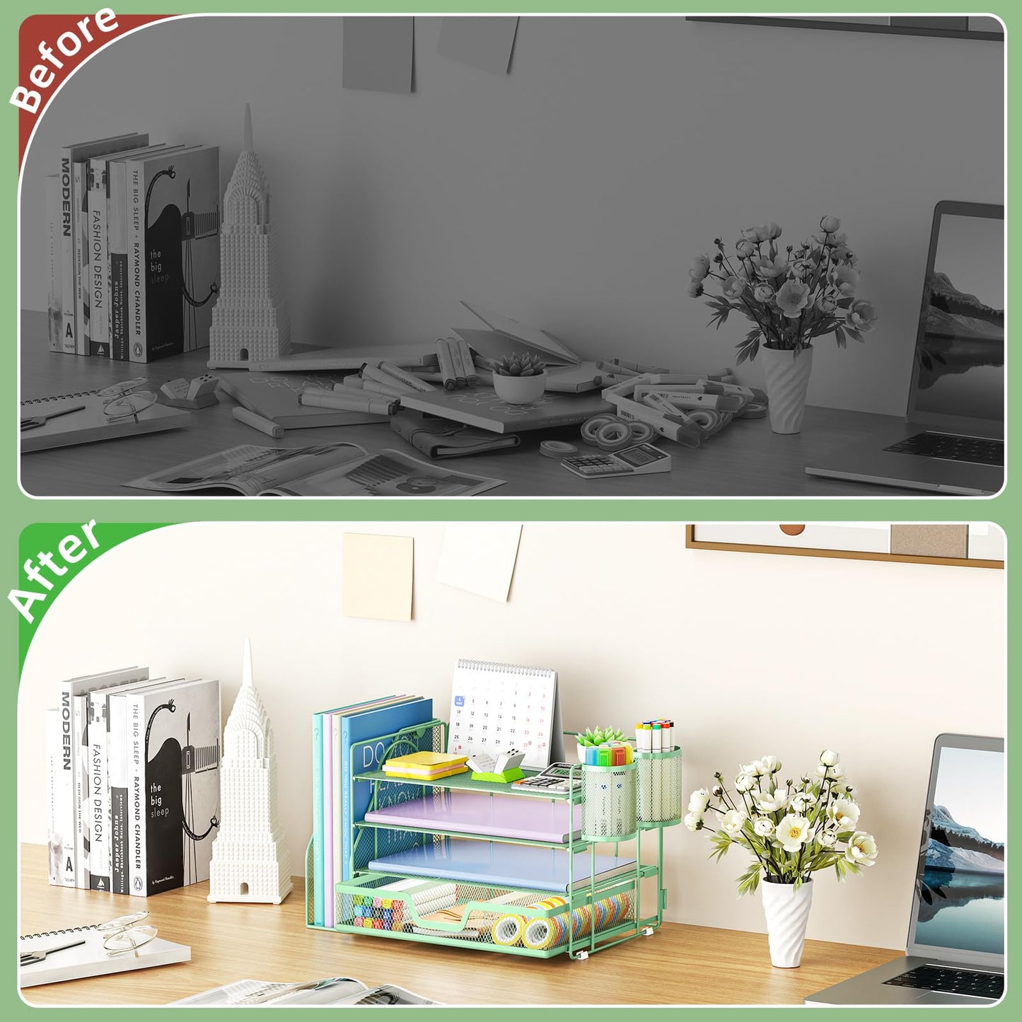 Marbrasse 4-Tier Paper Tray Organizer with Drawer and Pen Holder, Green