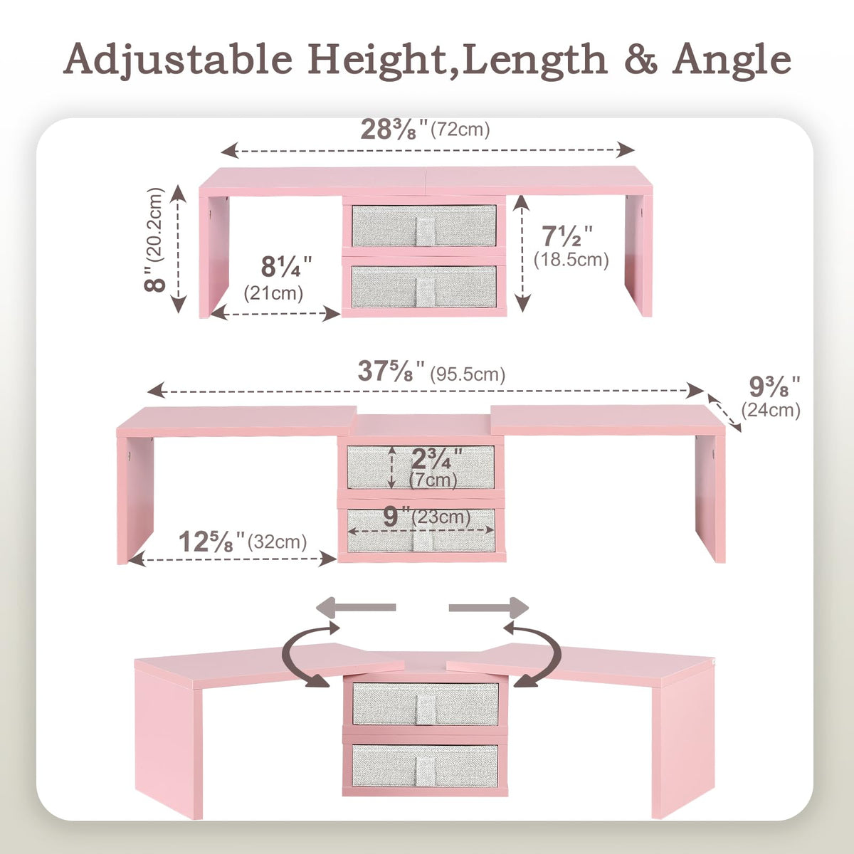 TEAMIX Pink Dual Monitor Stand Riser with 2 Drawers - Length and Angle Adjustable Double Corner