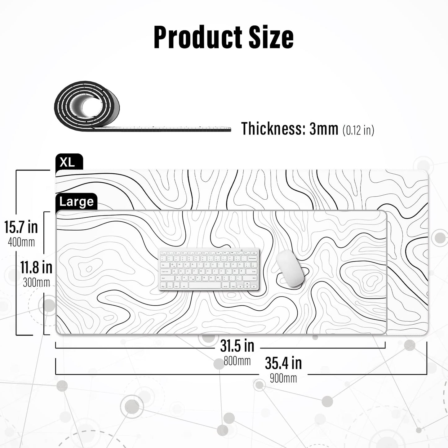 Ovenbird Large Gaming Mouse Pad with Stitched Edges, Minimalist Topographic Map Desk Mat, Extended