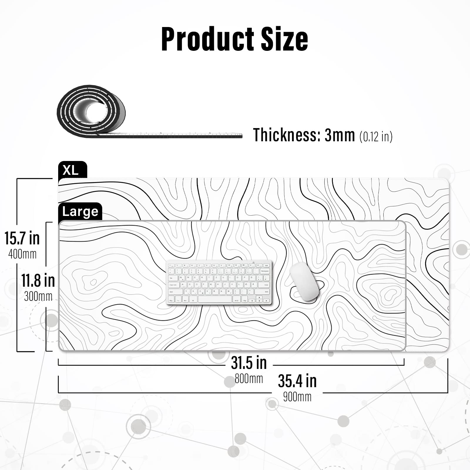 Ovenbird Large Gaming Mouse Pad with Stitched Edges, Minimalist Topographic Map Desk Mat, Extended