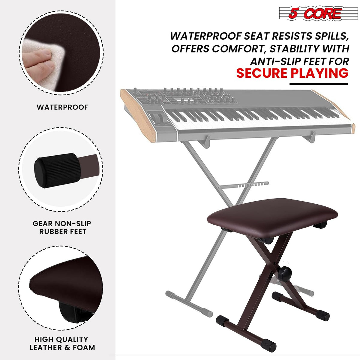 5 CORE Keyboard Bench X Style Padded Cushion Height Adjustable Piano Stool Seat Portable Keyboard