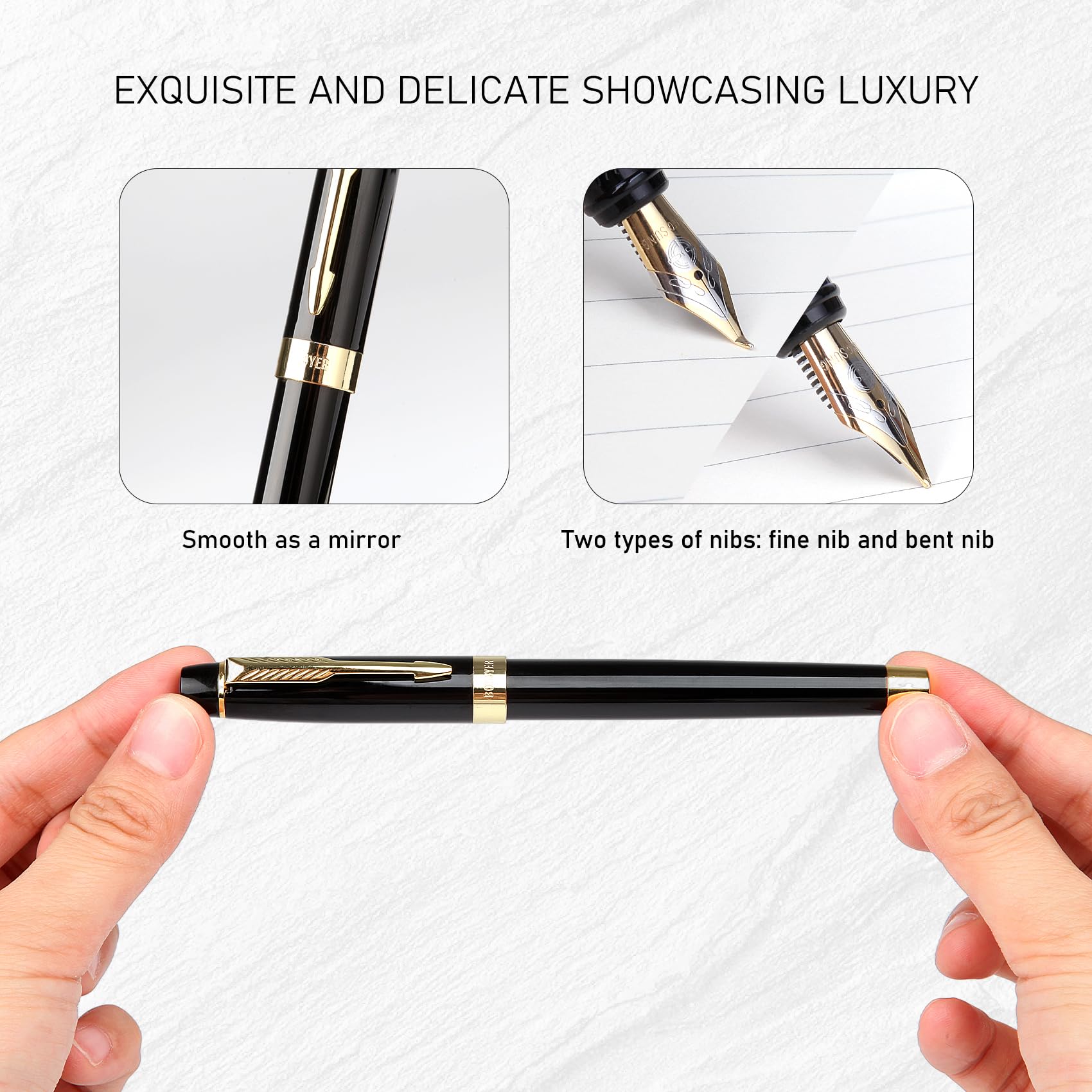 BOCIYER Fountain Pen with Fine Nib & Black Ink, Refillable & Elegant Bent Nib Design, Calligraphy