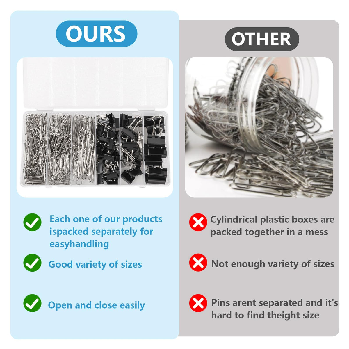 500PCS Paper Clips and Binder Clips Assorted Sizes