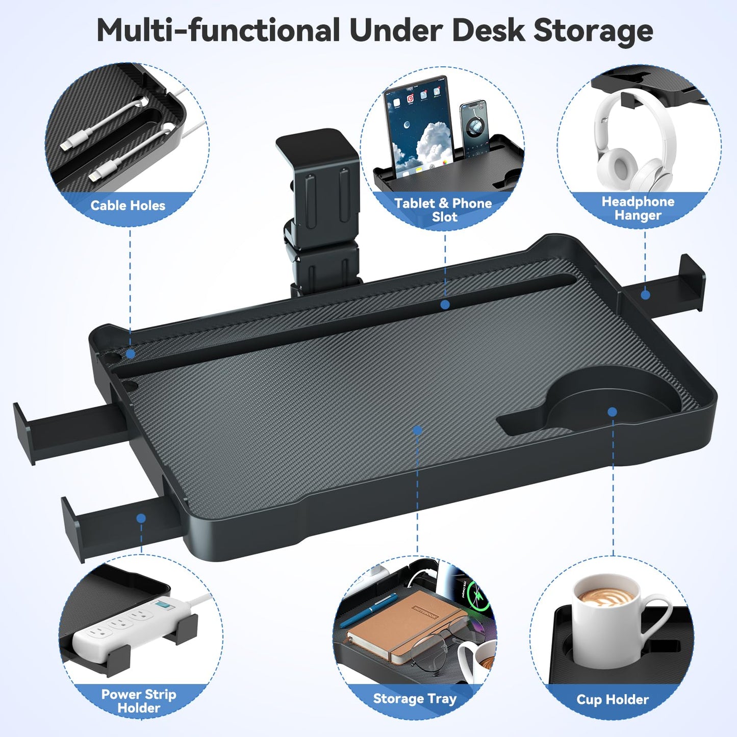 KDD Under Desk Organizer - 360° Rotating Clamp-On Tray with Headphone Hook, Phone & Tablet Holder