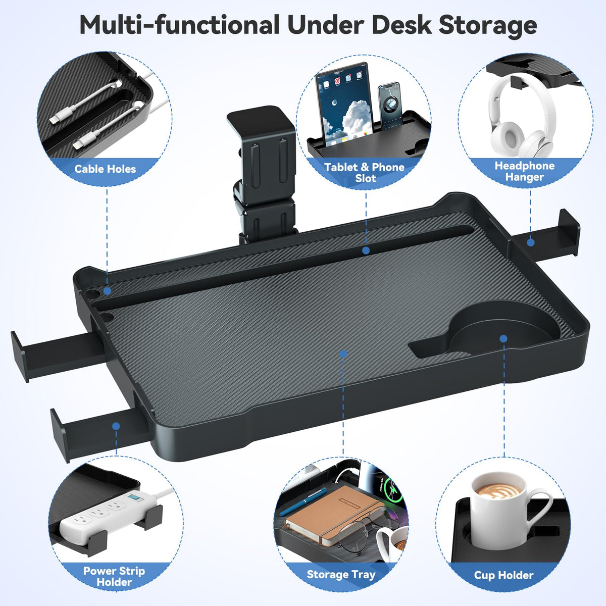 KDD Under Desk Organizer - 360° Rotating Clamp-On Tray with Headphone Hook, Phone & Tablet Holder