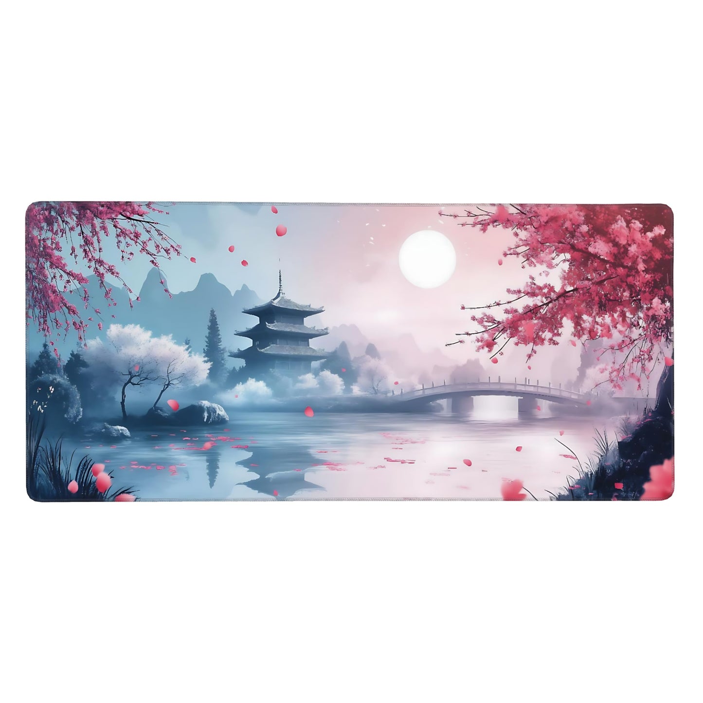 Aesthetic Scenery Gaming Mouse Pad, Blue Pink Japanese Desk Mat with Anti-Slip Base & Stitched