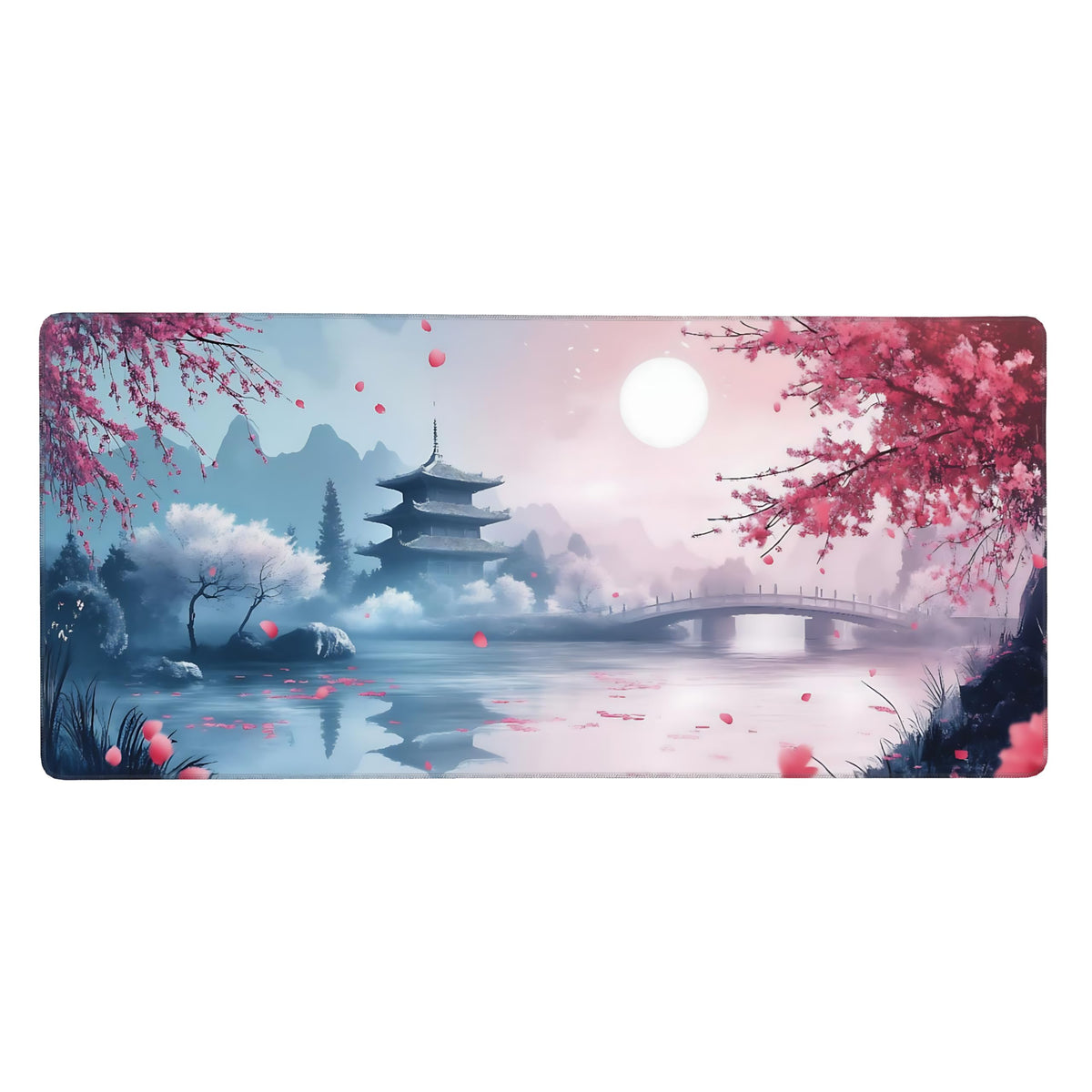 Aesthetic Scenery Gaming Mouse Pad, Blue Pink Japanese Desk Mat with Anti-Slip Base & Stitched
