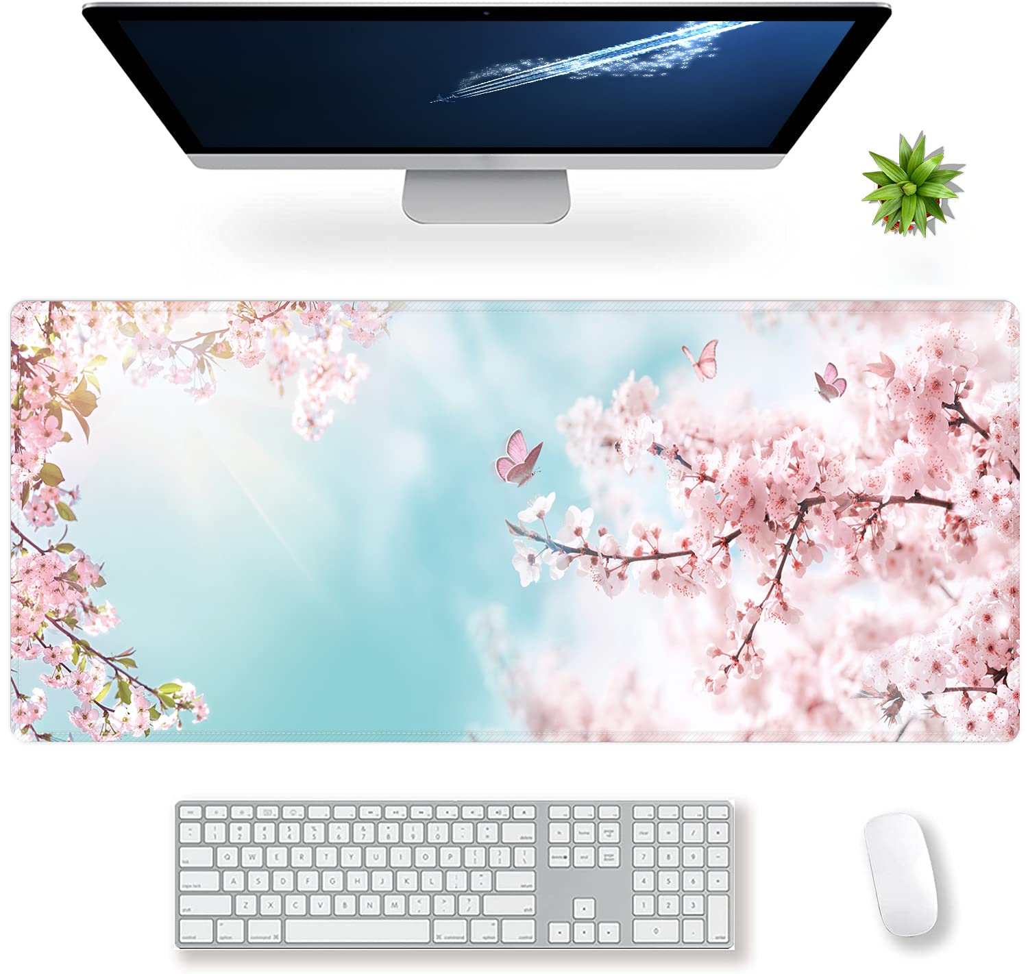 Extended Large Gaming Mouse Pad Dreamy Romantic Pink Sakura Butterflies XXL Size Keyboard Mouse Mat