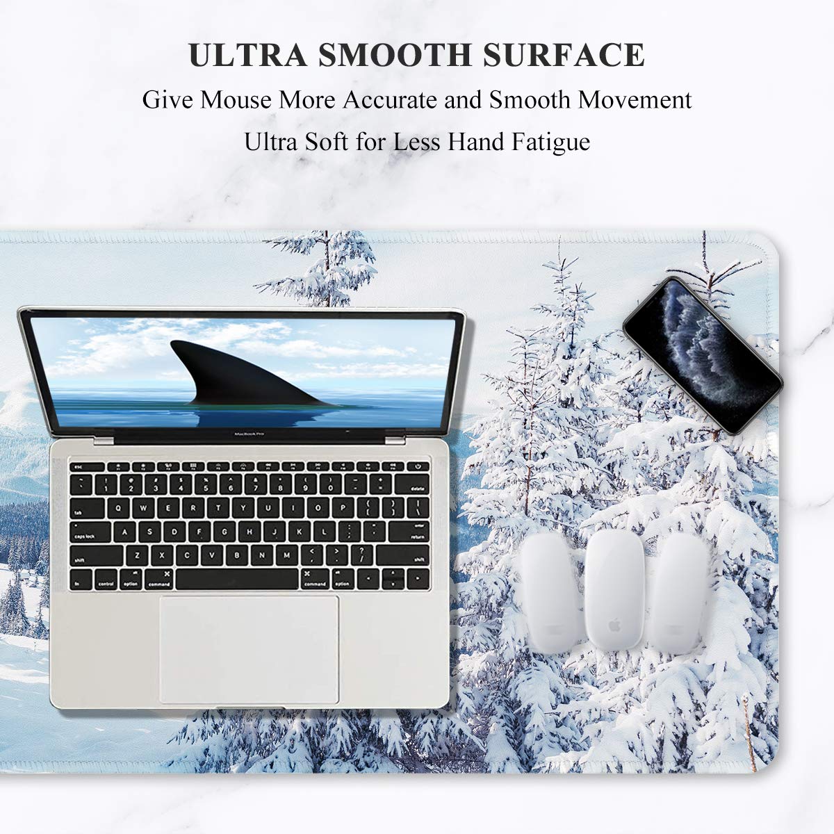 Auhoahsil Large Gaming Mouse Pad, XXL 35.4 x 15.7 in Desk Mat, White Snow