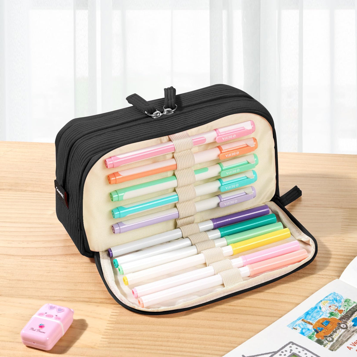 Sooez Big Capacity Pencil Case Pen Pouch, Soft Corduroy Pencil Bag