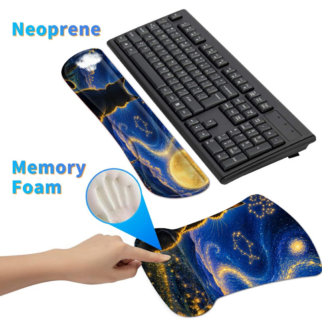 3-in-1 Ergonomic Memory Foam Keyboard Wrist Rest Pad Set, Constellation Cat