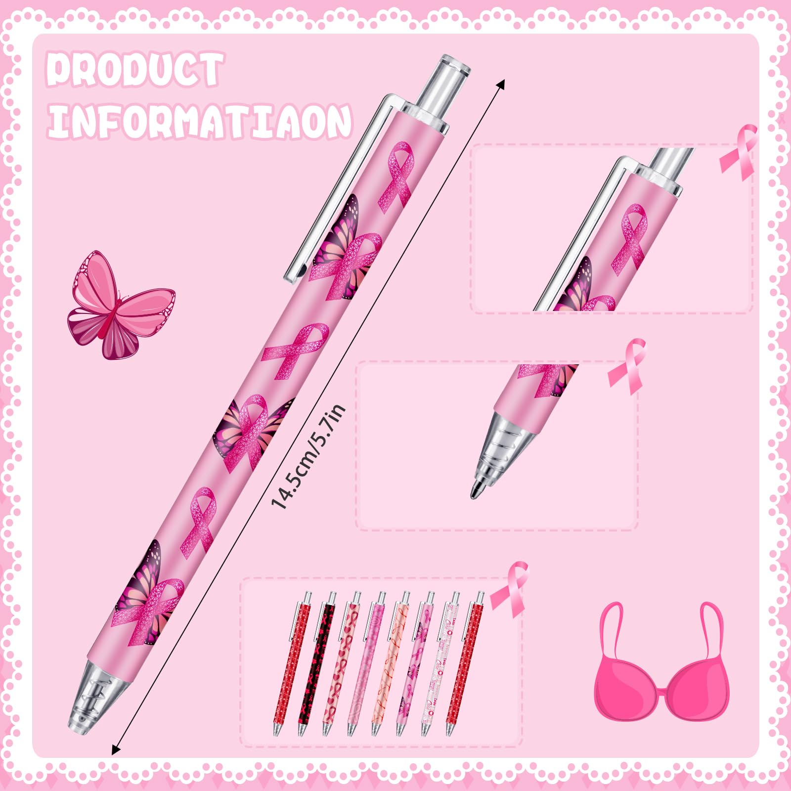 Leinuosen 120 Pcs Breast Cancer Awareness Pens Ribbon Ballpoint Pens
