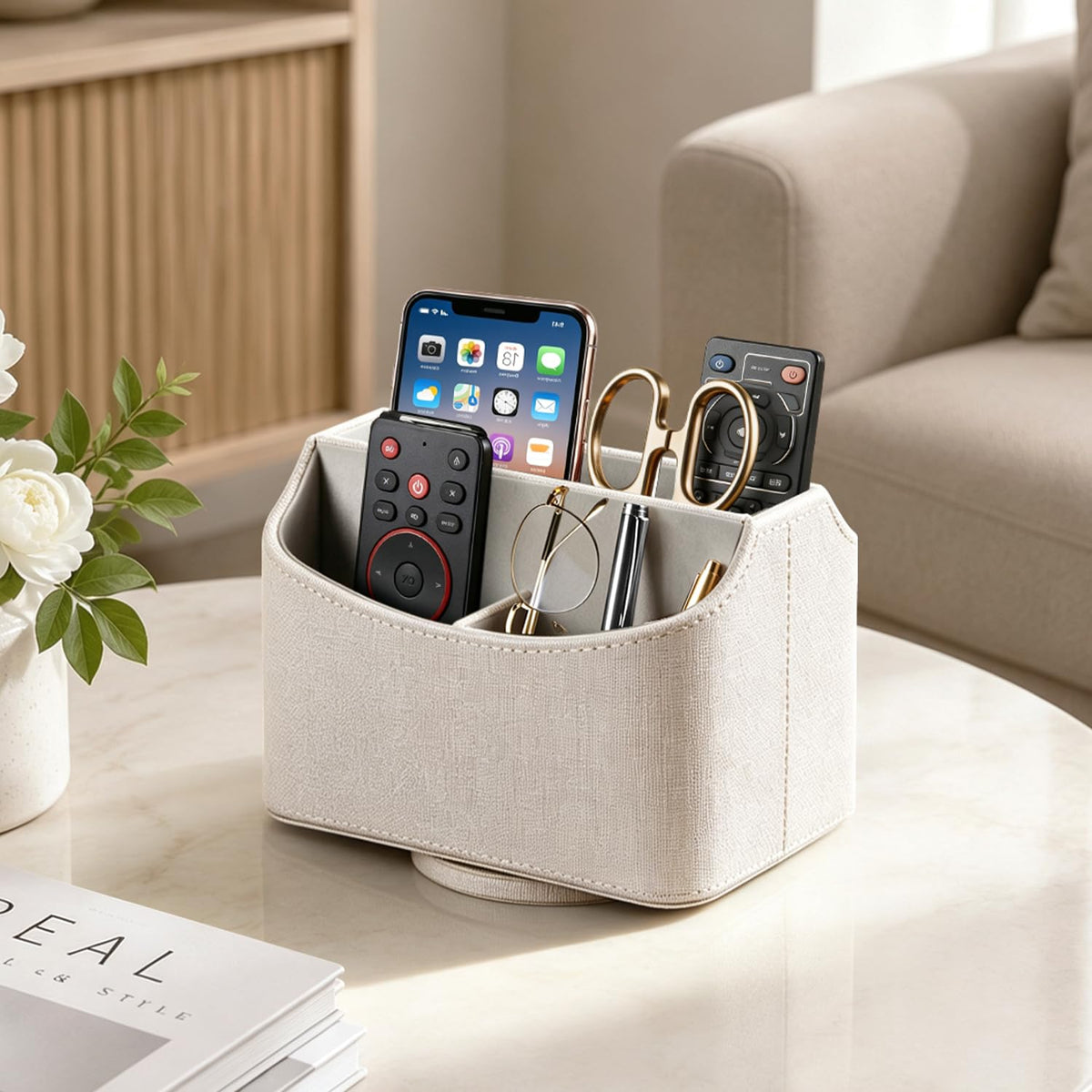 YAPISHI Gold flower pattern Leather Remote Control Holder,360 Degree Spinning Desk TV Remote