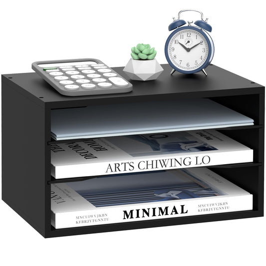 3 Tier Wood Desk Organizer, Mail Sorter and Paper Organizer for Desk, Black