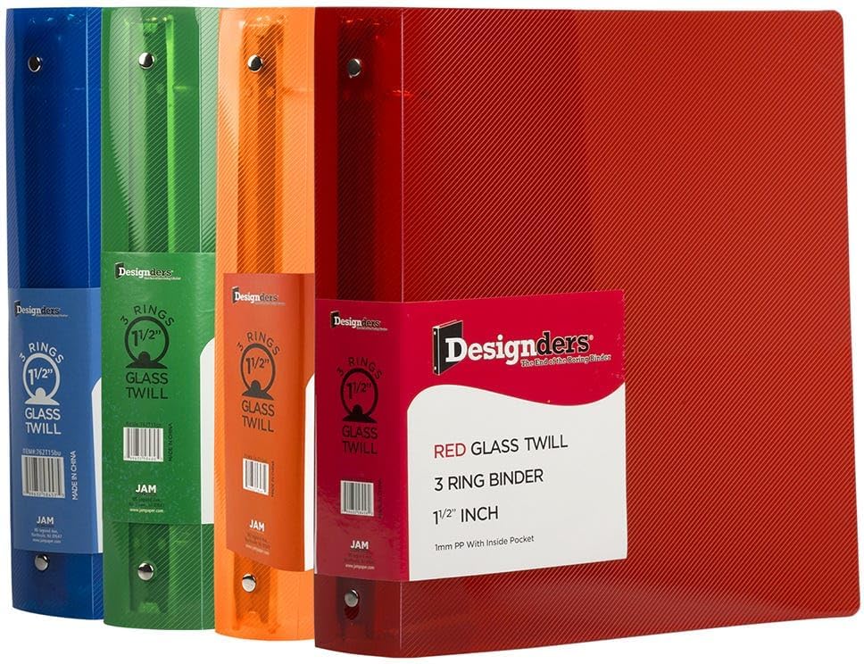 JAM PAPER Plastic 1.5 inch Binders - Assorted 3 Ring Binders (Red, Blue, Green & Orange) - 4/Pack