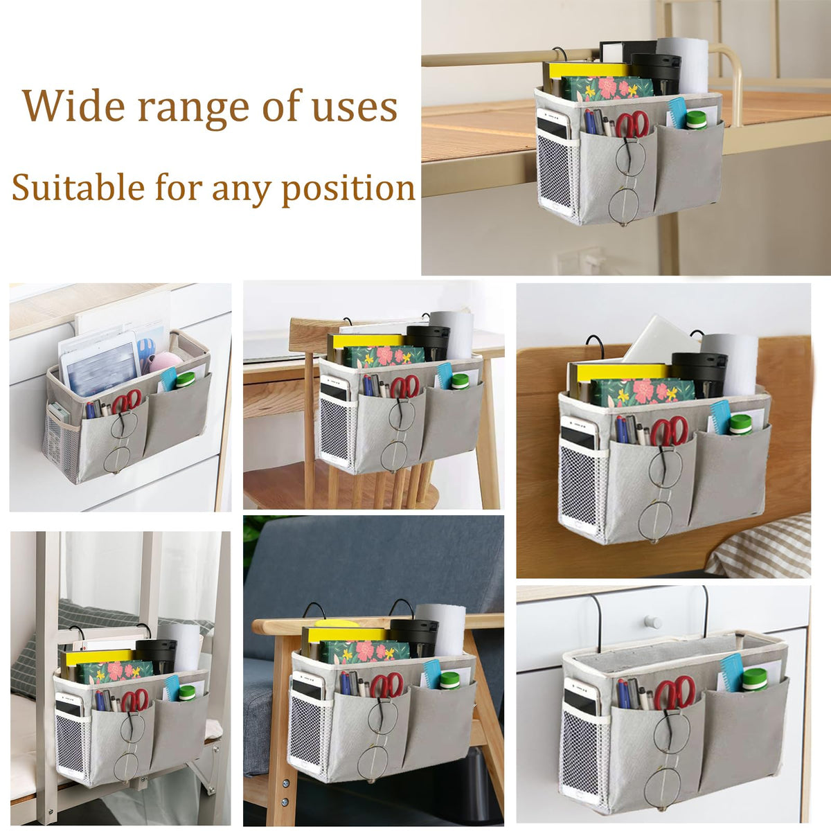 SMALL GOAL Bedside Caddy, Bedside Hanging Storage Organizer for College Dorm Bed, Bunk and Hospital