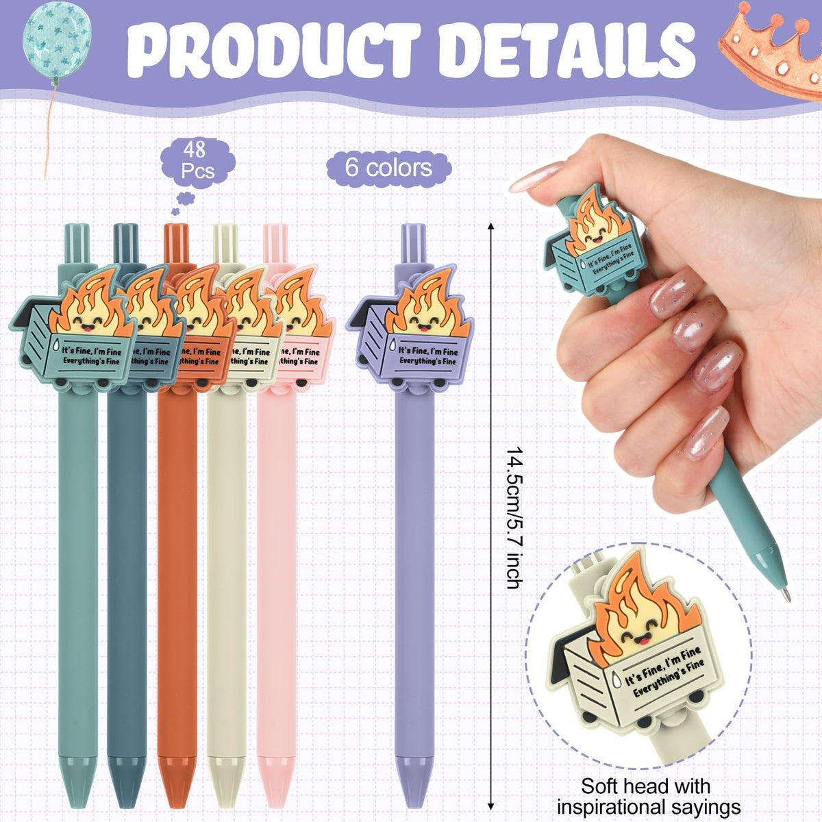 Sayglossy Dumpster Fire Pen Funny Office Gift, Macaron Colors, 48 Pcs