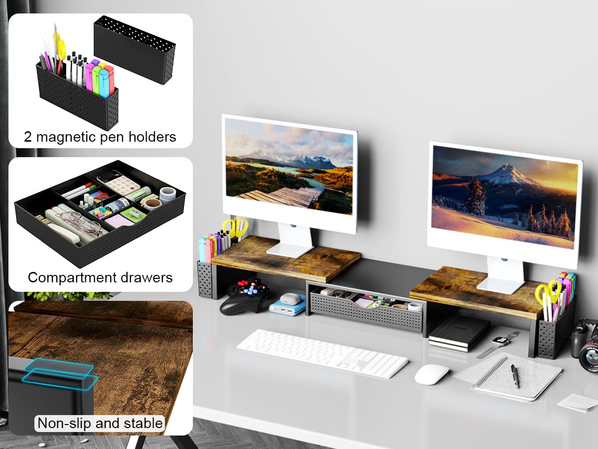 Spacrea Wood Dual Monitor Stand Riser with Drawer and 2 Pen Holders