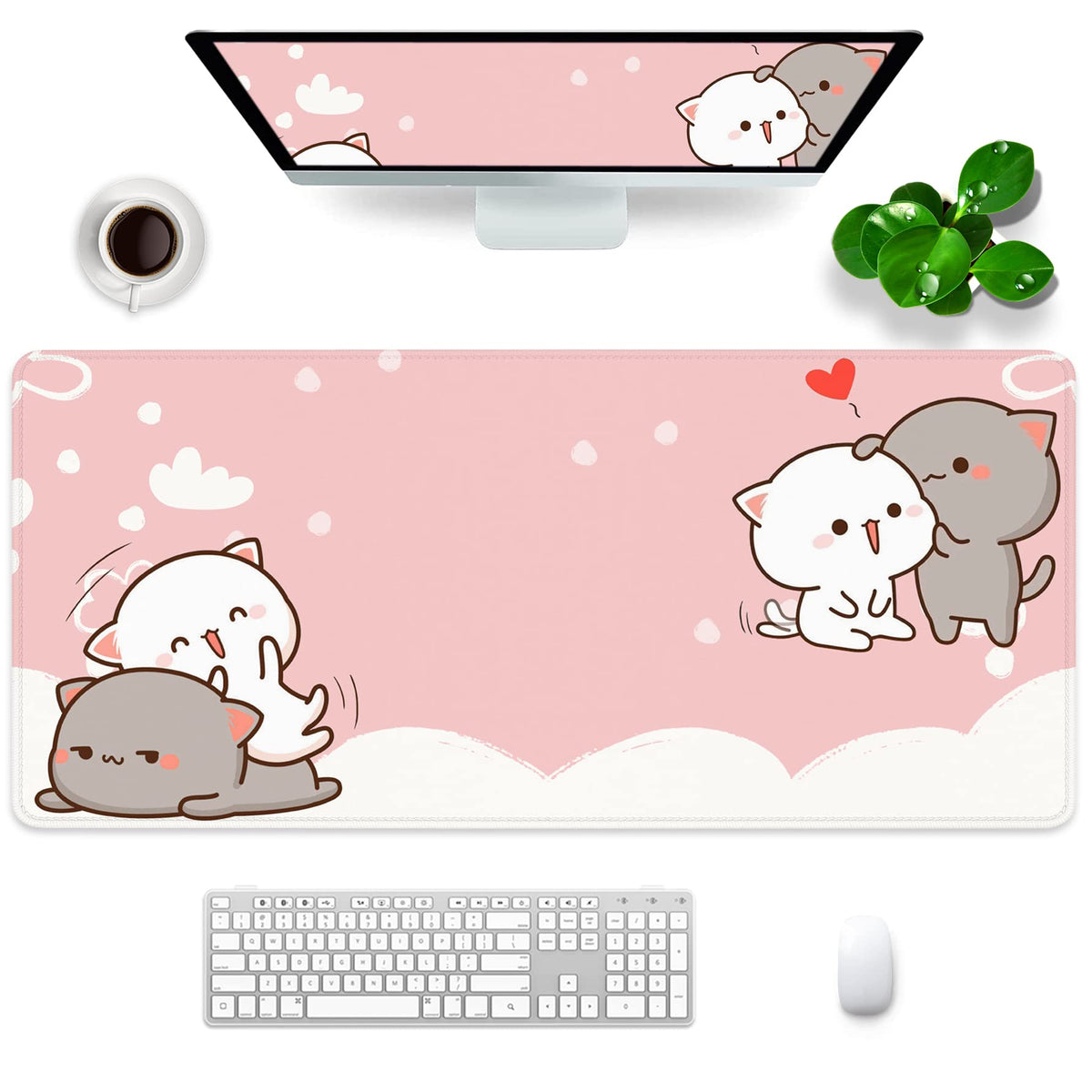 Pink Large Gaming Mouse Pad Cat Desk Mat Cute Mouse Mat 35x15.7x0.12 inch Women Extra Large Desk