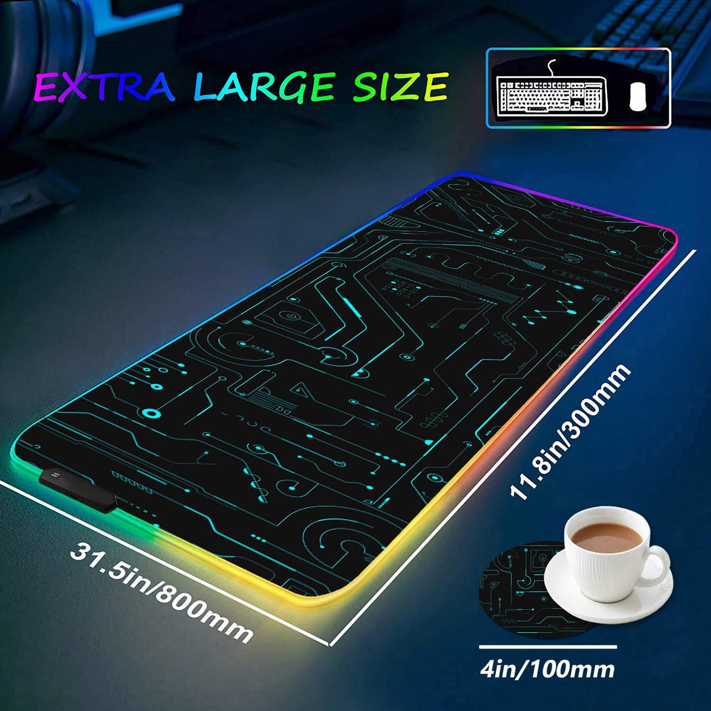 RGB Gaming Mouse Pad with Coffee Coaster, XXL Large Glowing LED Mousepad, Anti-Slip Rubber Base