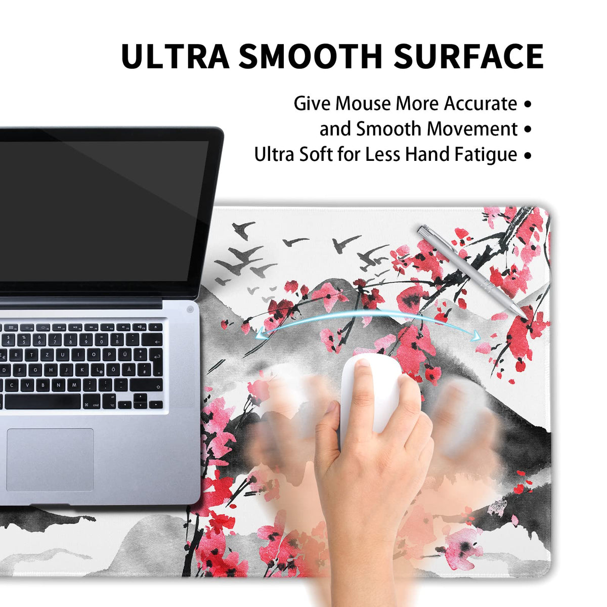 Japanese Cherry Blossom Mouse Pad 35.4 X 15.7 Inch XXL Full Desk Pink Watercolor Art Cool Design