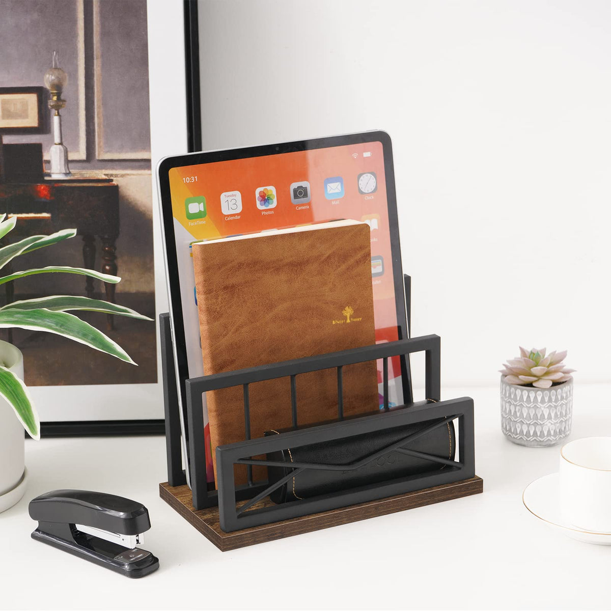 Snughome Desktop Mail Organizer, Desk Mail Organizer with 2-Slot Matte Black Metal Desktop Mail
