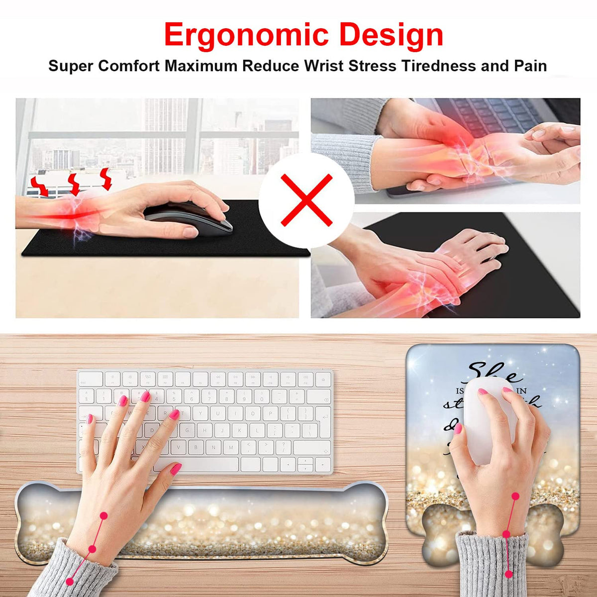 Wrist Rest Support Ergonomic Gel Mouse Pad & Memory Foam Keyboard Set, Non-Slip Rubber PU Base for