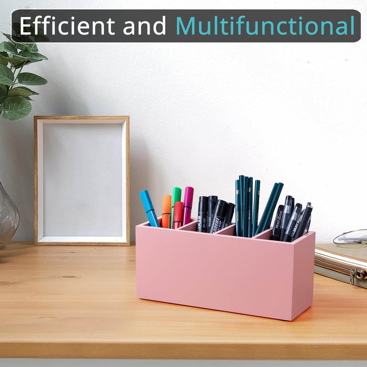 Bivvclaz Pencil Pen Holder for Desk, Wooden Office Desk Organizers and Accessories with 4 Slots for