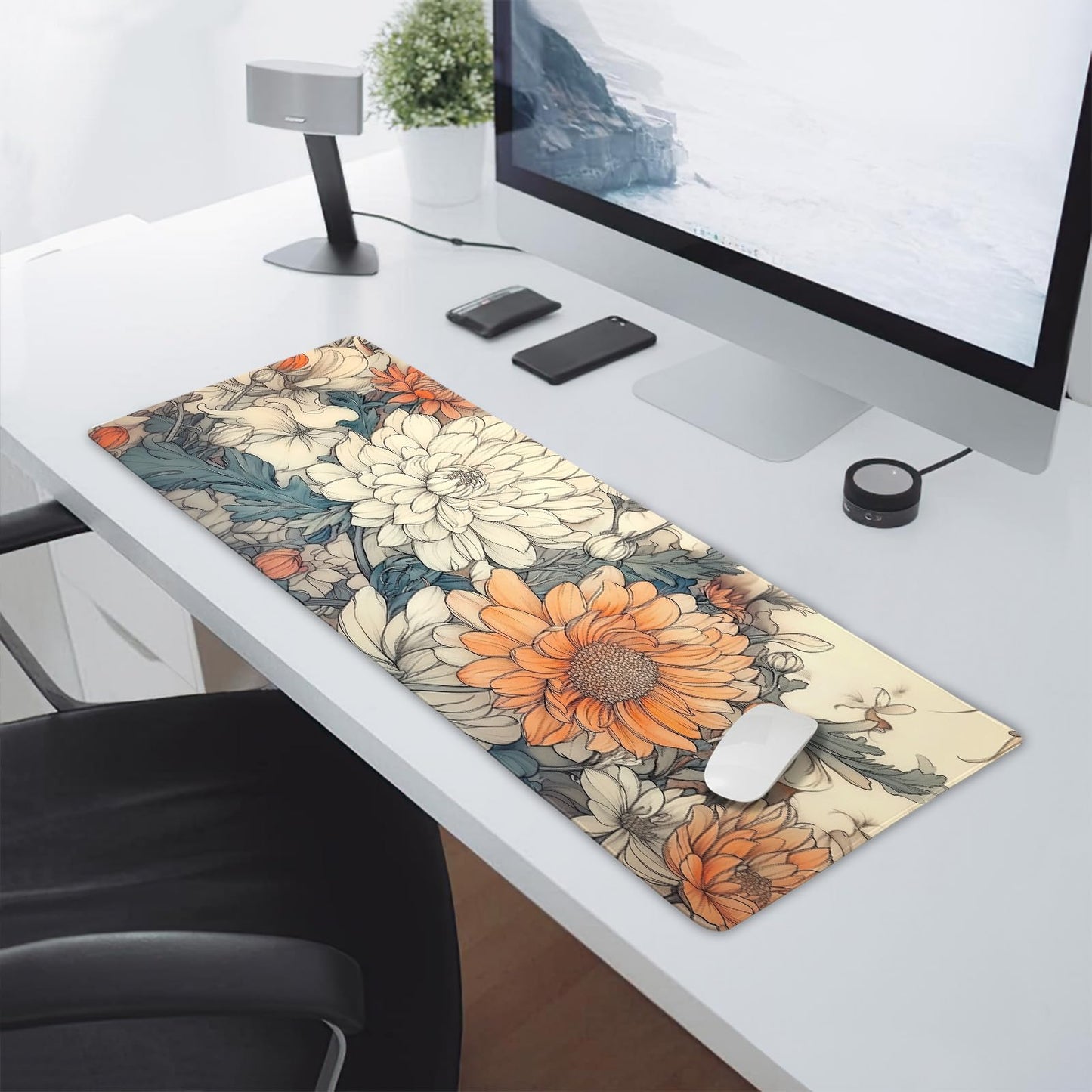 Minimalist Floral Gaming Mouse Pad XL White Orange Aesthetic Flowers Japanese Extended Large Mat