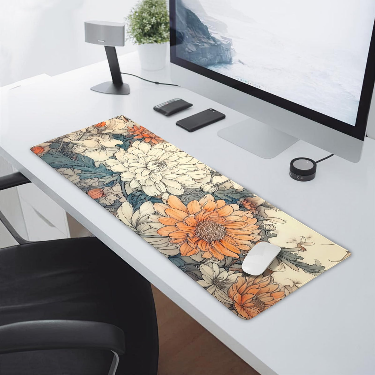 Minimalist Floral Gaming Mouse Pad XL White Orange Aesthetic Flowers Japanese Extended Large Mat