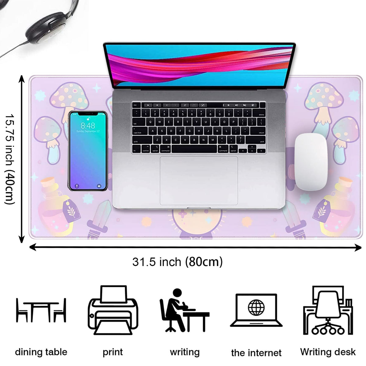 Kawaii Purple Desk Mat,Cute Witchy Elements Mouse Pad, Desk Pad Mystical Goth,XXL Gamig Desktop
