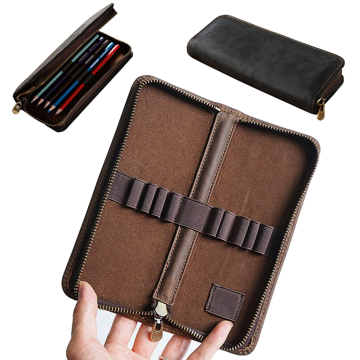 Leather Pencil Case Organizer 10 Slots, Portable Pouch for Fountain Pen