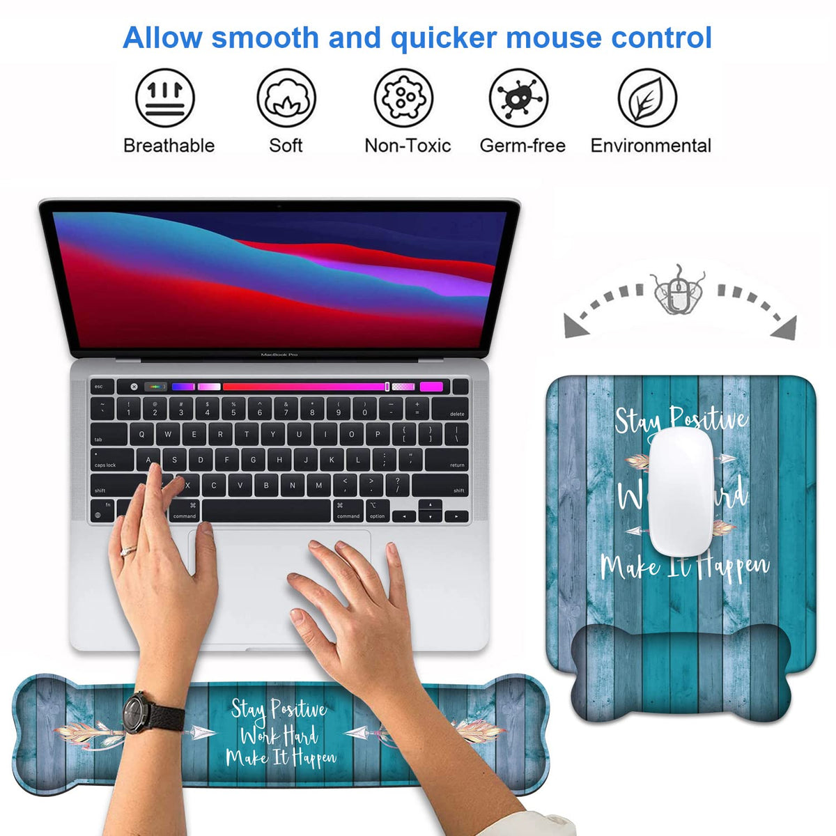 Keyboard Wrist Rest and Mouse Pad Wrist Support Set, Inspirational Quote Stay Positive Work Hard