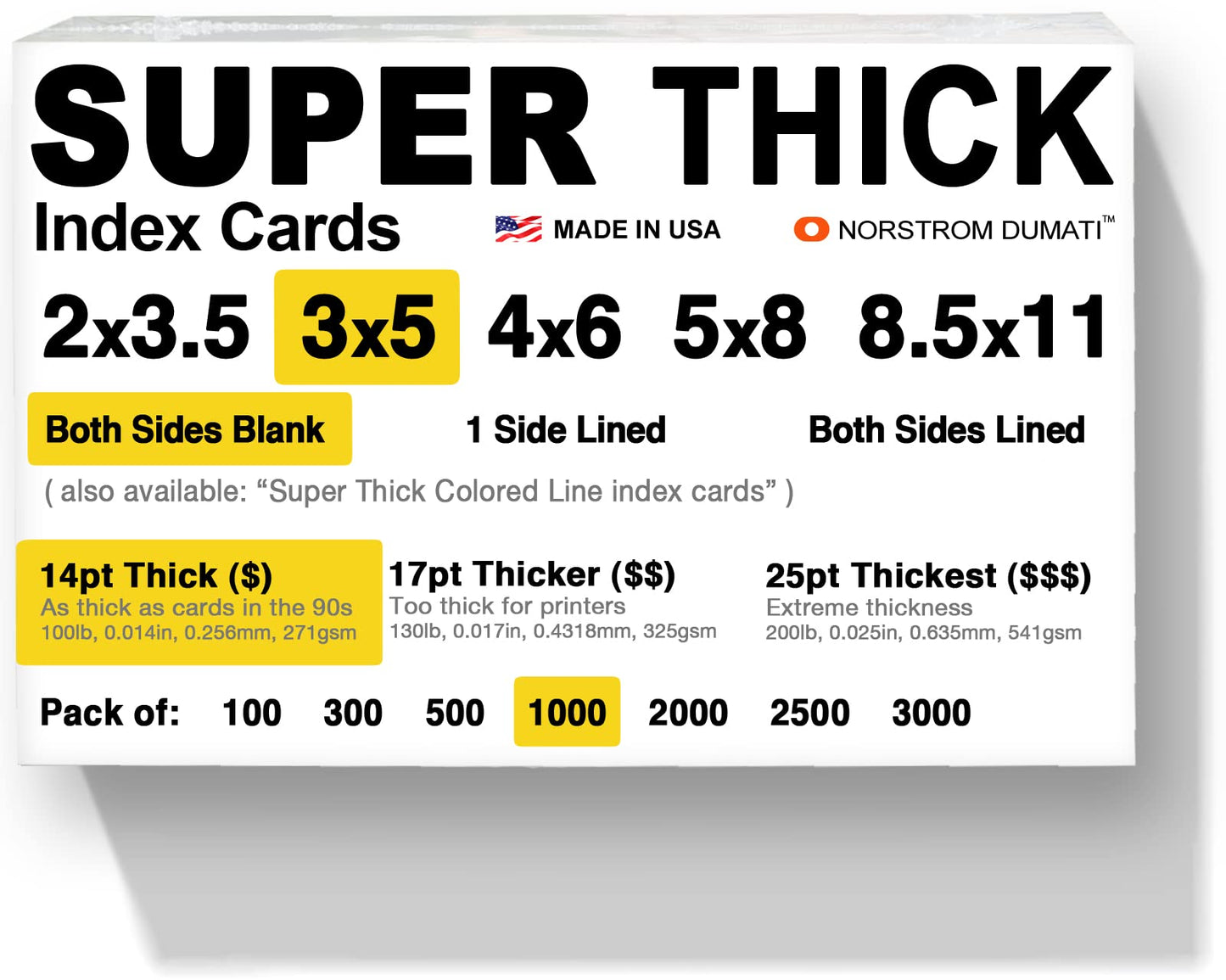 1,000 SUPER THICK index cards / 3"x5" / 14pt (0.014") 100lb / blank un-ruled/archival acid-free in
